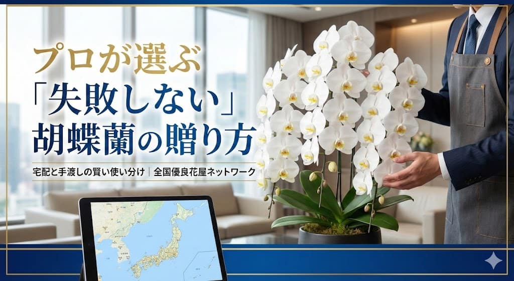白い胡蝶蘭と日本地図のアイキャッチ画像