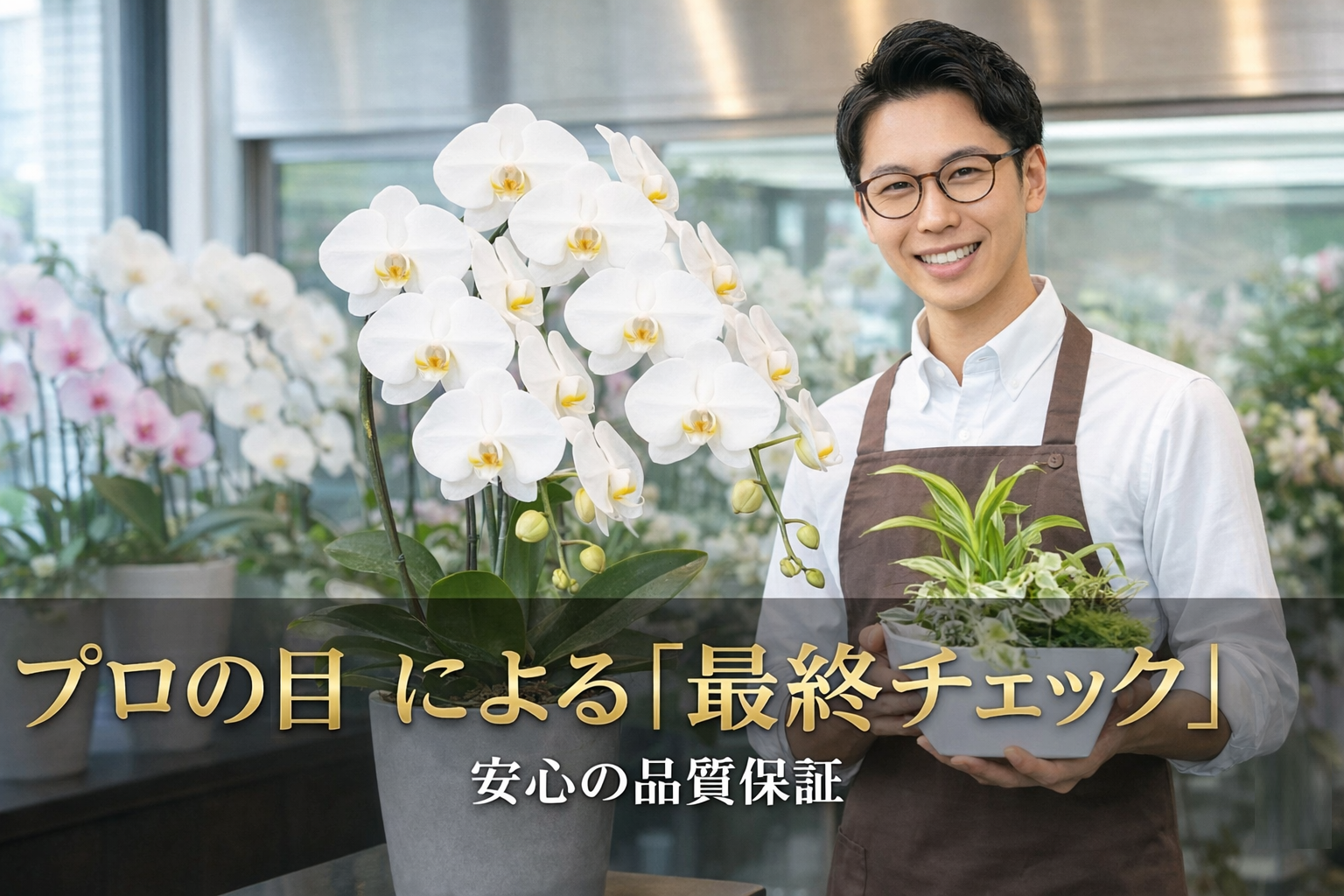 白い胡蝶蘭を最終チェックする男性スタッフ