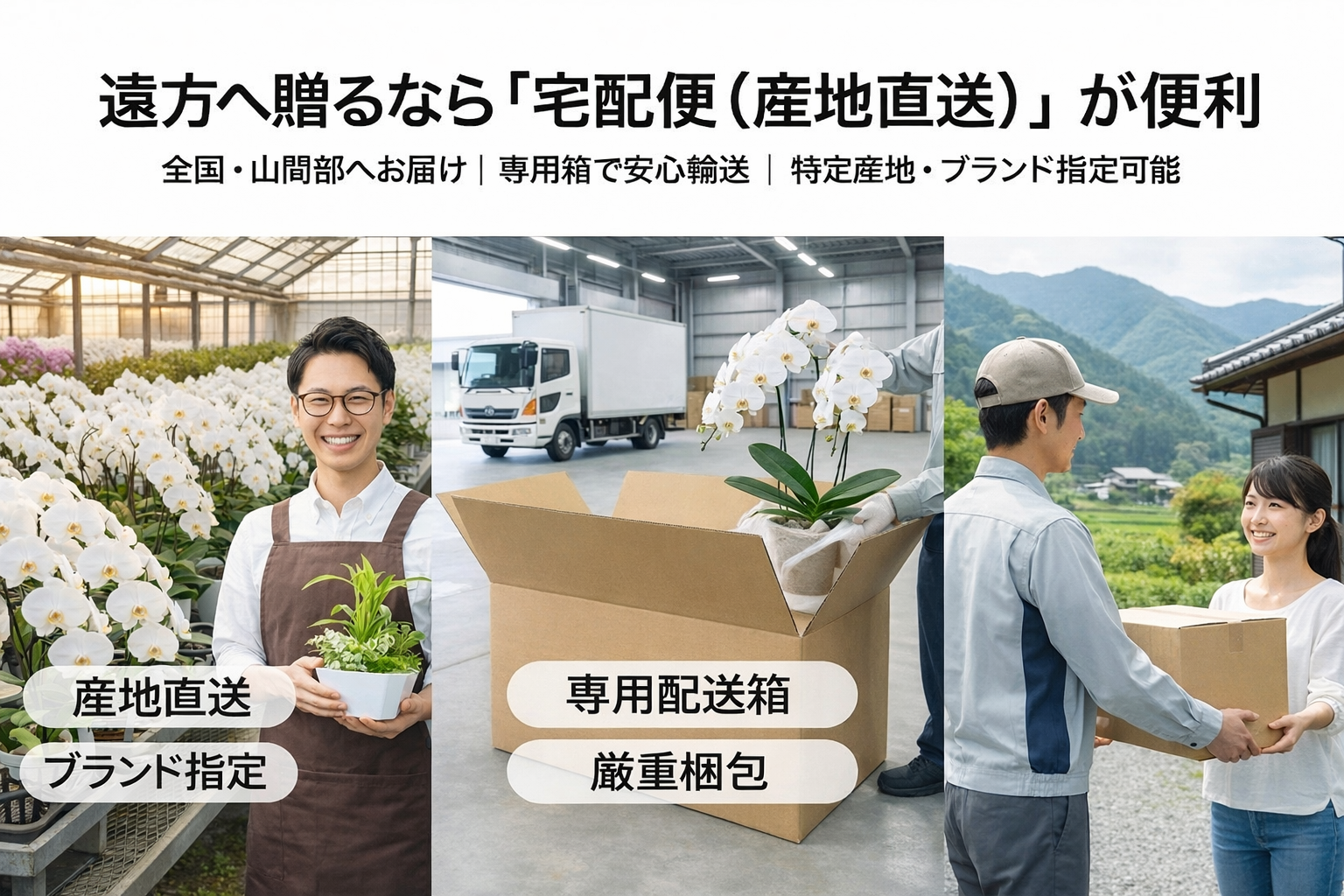 産地直送の胡蝶蘭配送を紹介する3分割イメージ