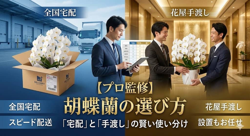 高級感のある役員室に飾られた大輪の白い胡蝶蘭と、品質を確認するプロの花屋の手元。 全国ネットワークを通じた安心の手渡し配送と、ビジネスに相応しい信頼感を表現したイメージ画像。