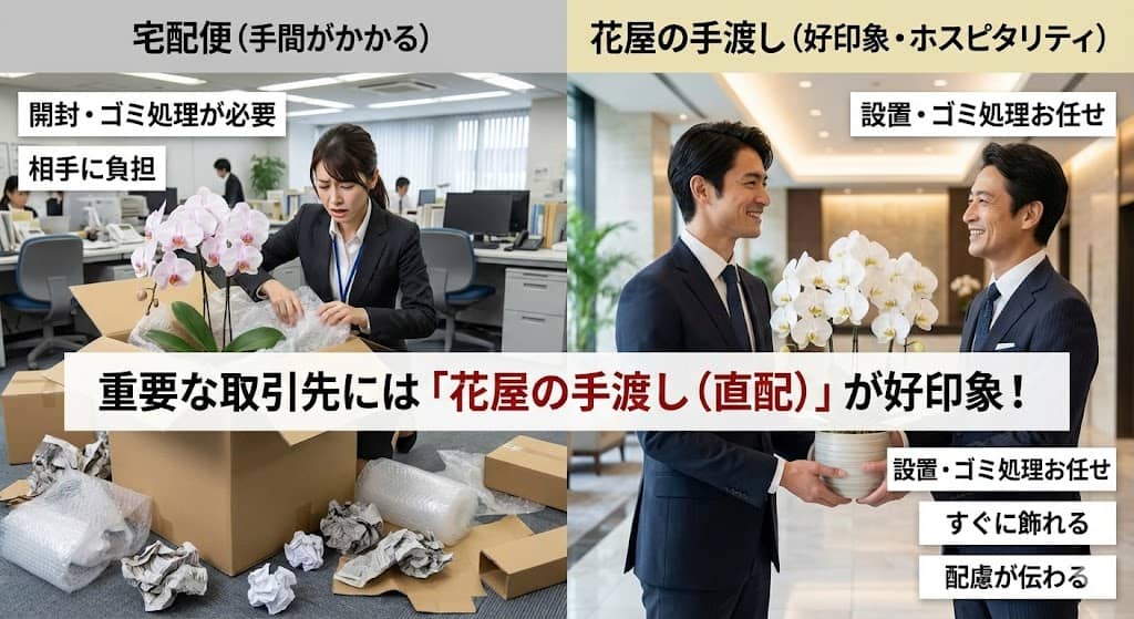プロの配送スタッフがオフィスに直接届け、その場ですぐ飾れるよう設置を完了させた胡蝶蘭。 開封の手間やゴミを出さない、贈り先へのホスピタリティを重視した手渡し配送の様子。