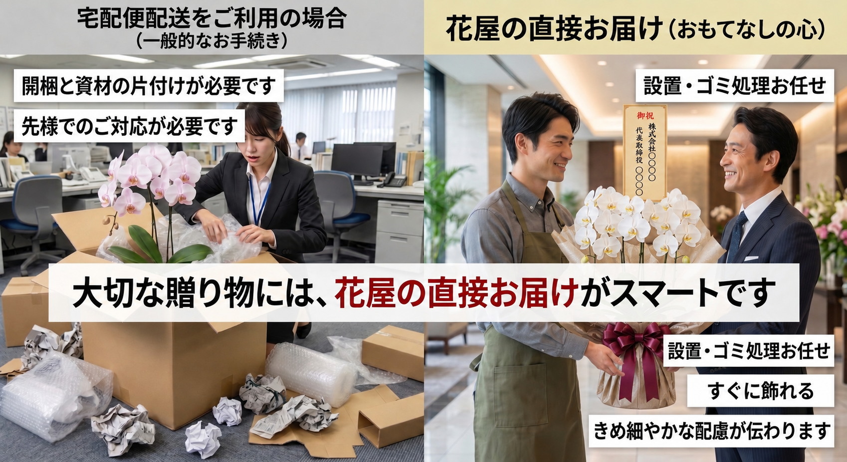 胡蝶蘭の直配（手渡し配送）によるお届けは受け取る方への配慮があります。