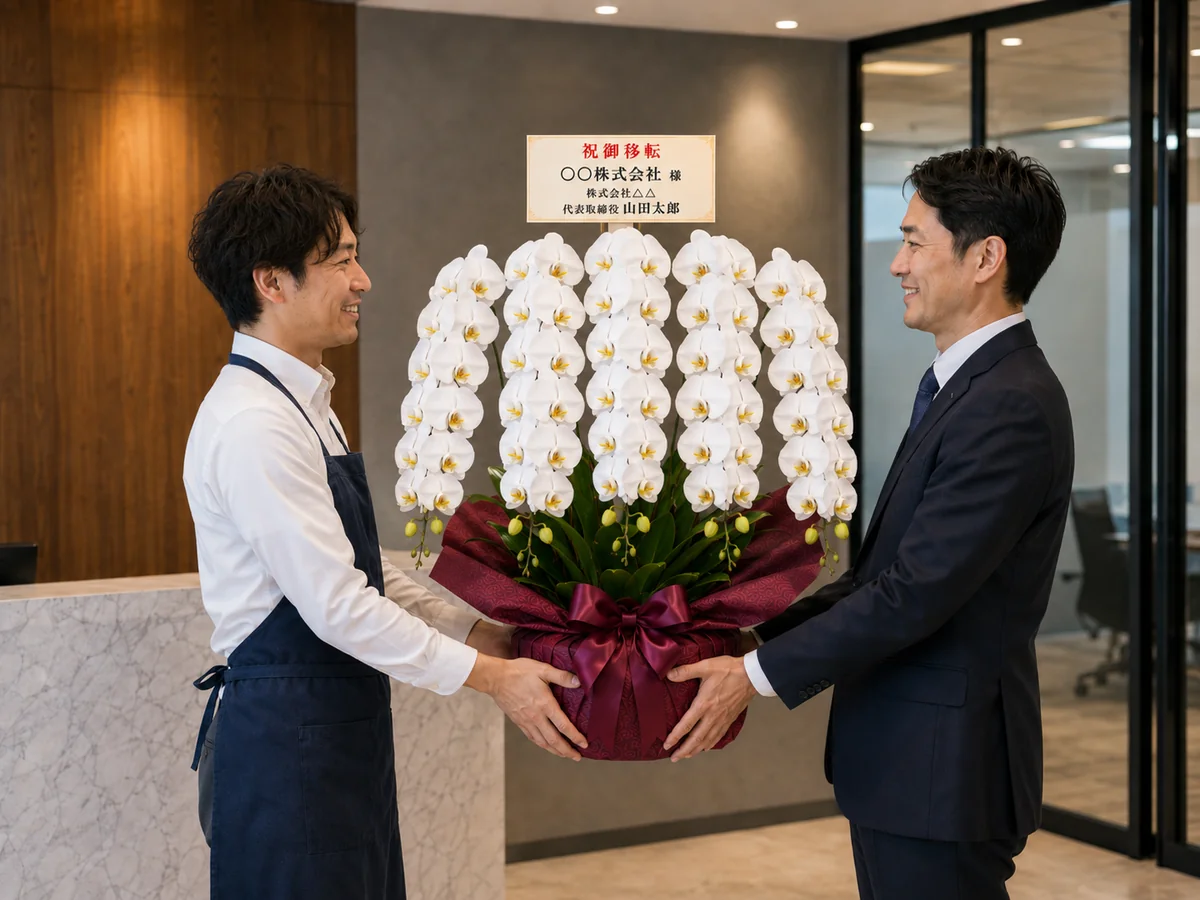 花屋スタッフが移転祝いの胡蝶蘭を法人担当者へ手渡ししている様子