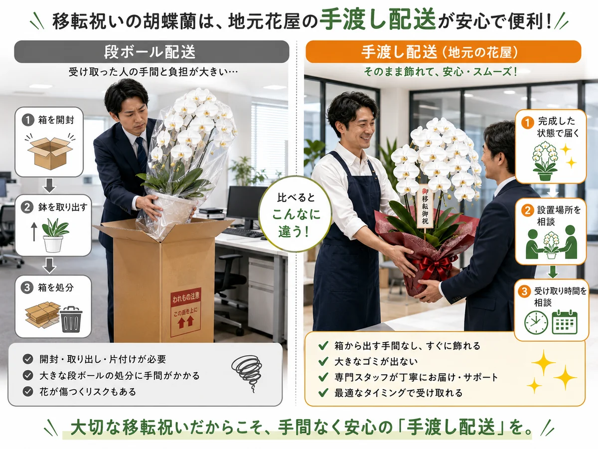 移転祝いの胡蝶蘭を段ボール配送と地域花屋の手渡し配送で比較した説明画像