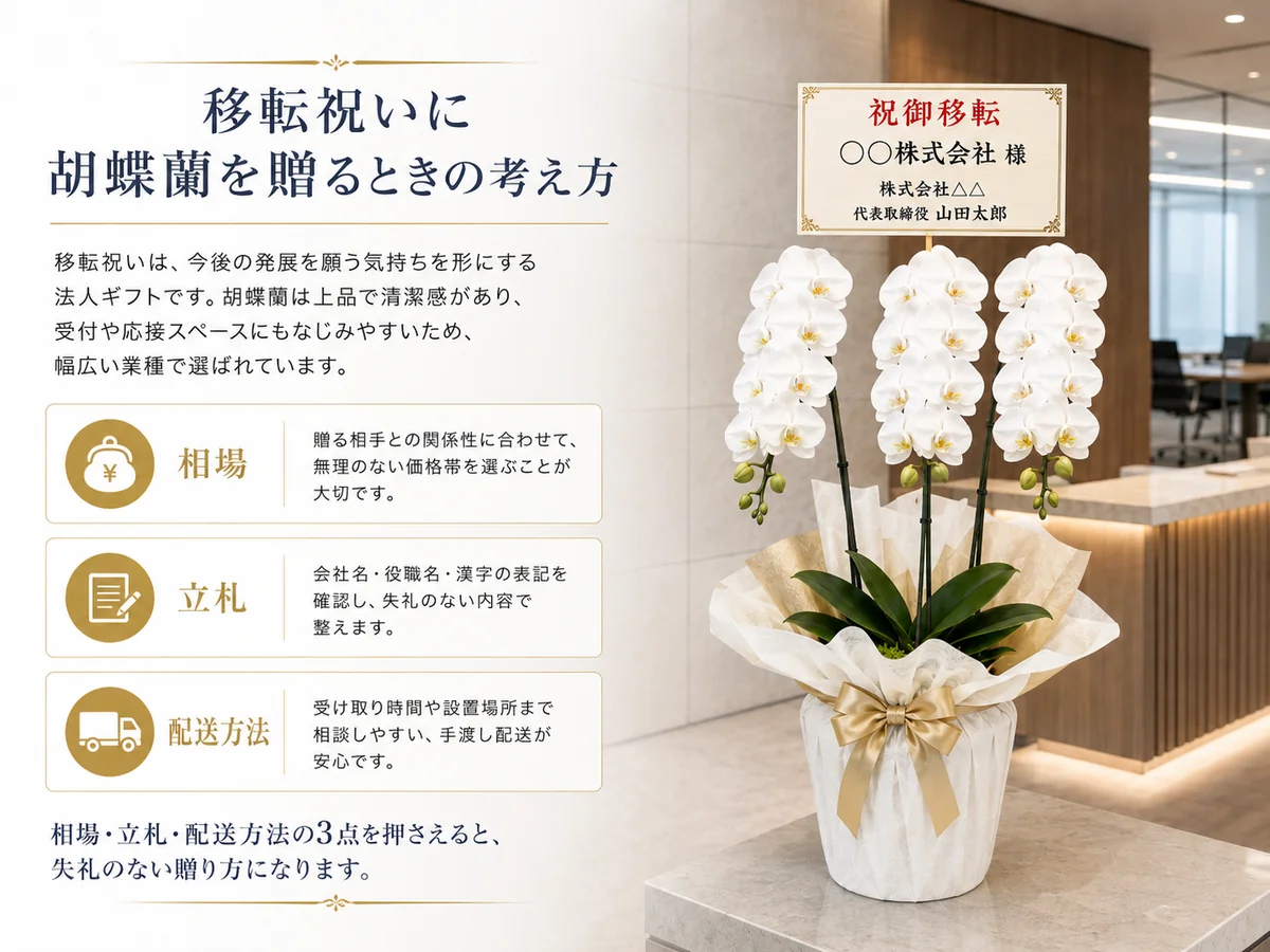 移転祝いに胡蝶蘭を贈るときの相場や立札や配送方法を説明するイラスト