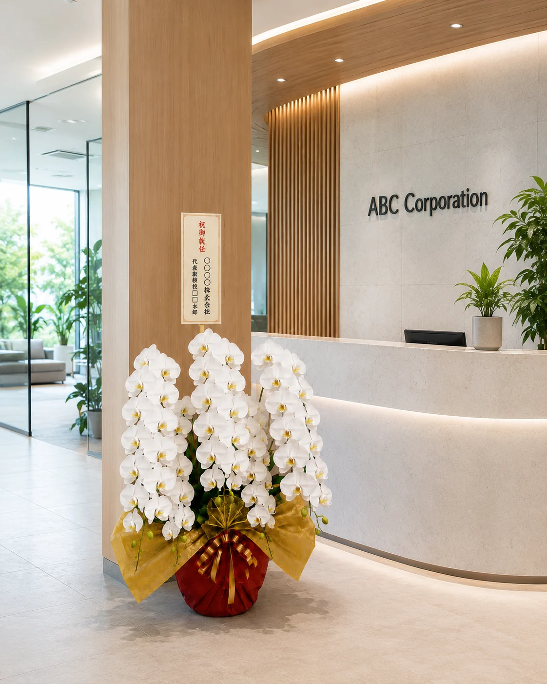 明るい木目調の会社受付に飾られた就任祝い用5本立ち胡蝶蘭