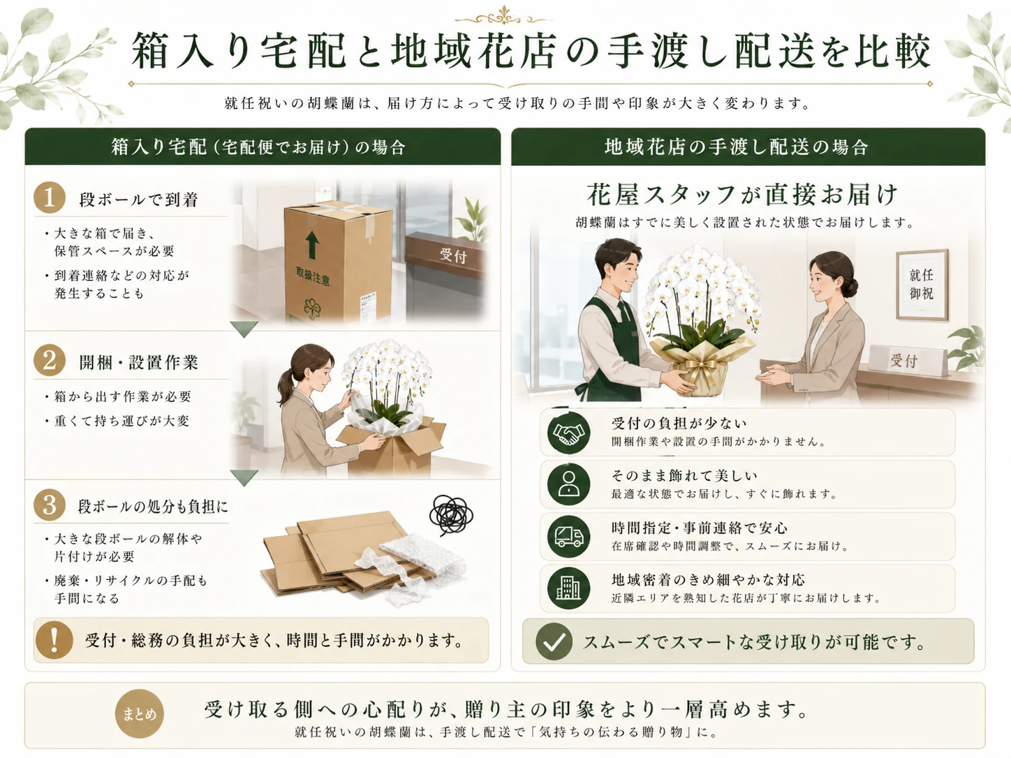 箱入り宅配と地域花店による就任祝い胡蝶蘭の手渡し配送を比較した図解