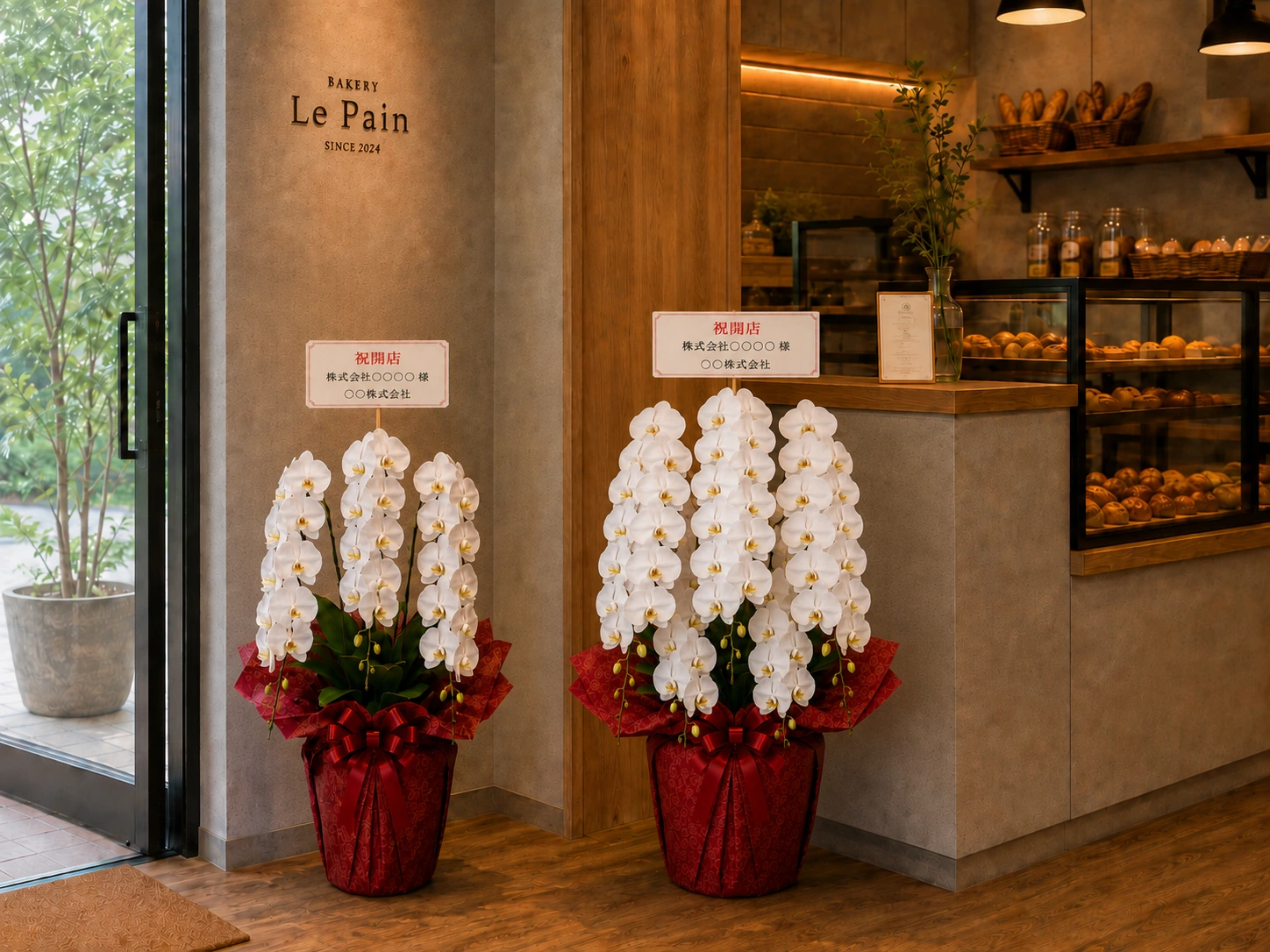 ベーカリー店内に並ぶ白い3本立ちと5本立ち胡蝶蘭の比較