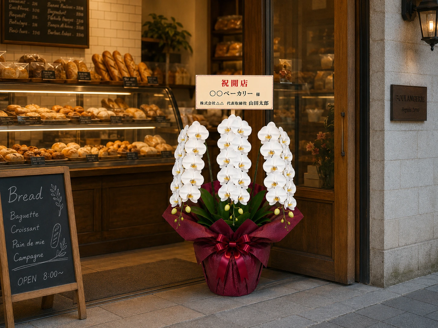 ベーカリーの入口に飾られた開店祝いの白い3本立ち胡蝶蘭