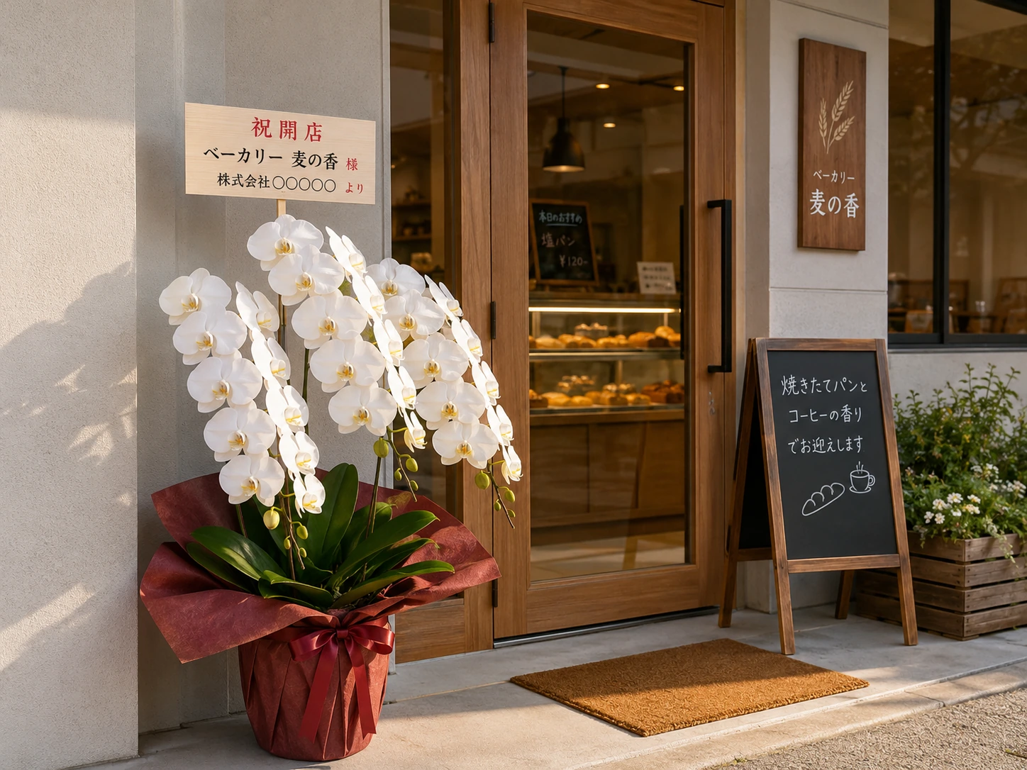 ベーカリーの入口に飾られた開店祝いの白い3本立ち胡蝶蘭