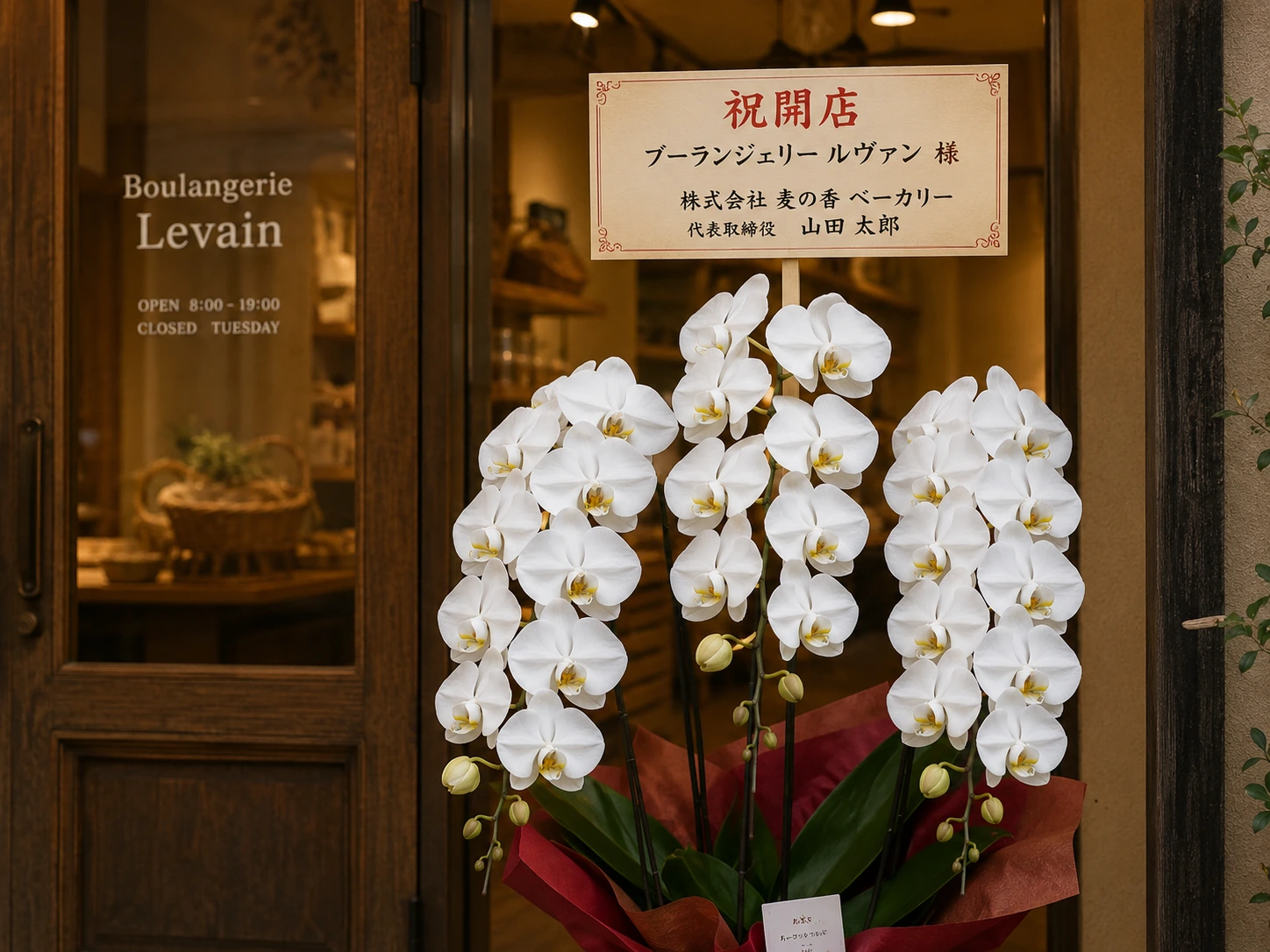 ベーカリーの白い3本立ち胡蝶蘭と祝開店の横書き立札アップ