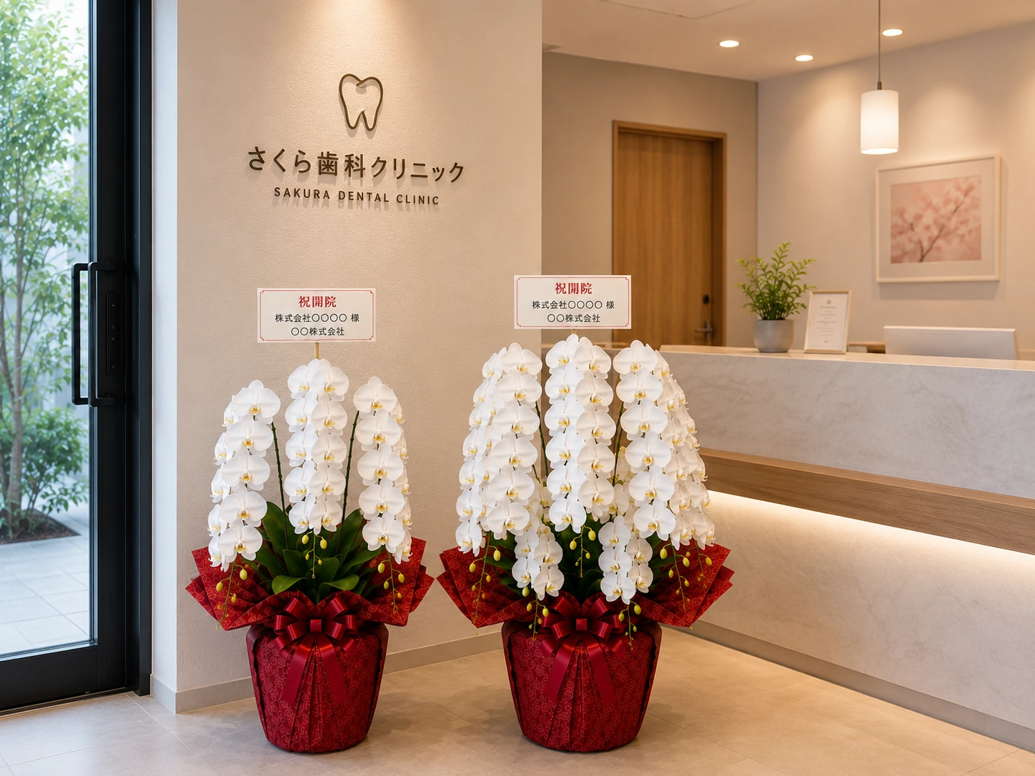 歯科クリニック受付に並ぶ白い3本立ちと5本立ち胡蝶蘭の比較