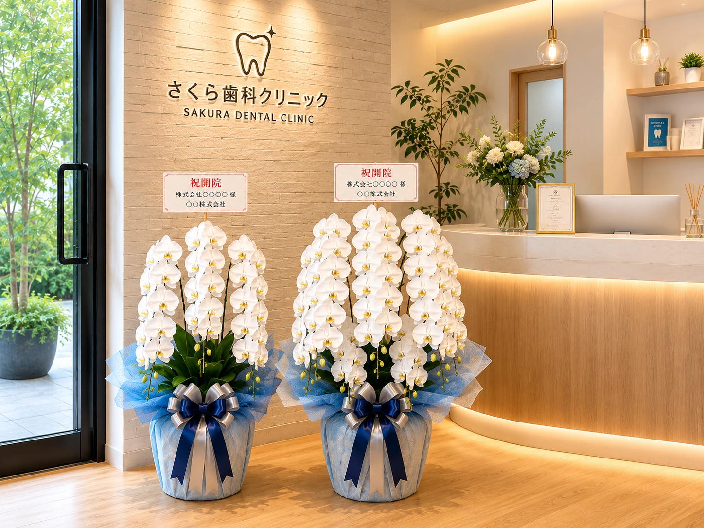 歯科クリニック受付に並ぶ青系ラッピングの白い3本立ちと5本立ち胡蝶蘭の比較
