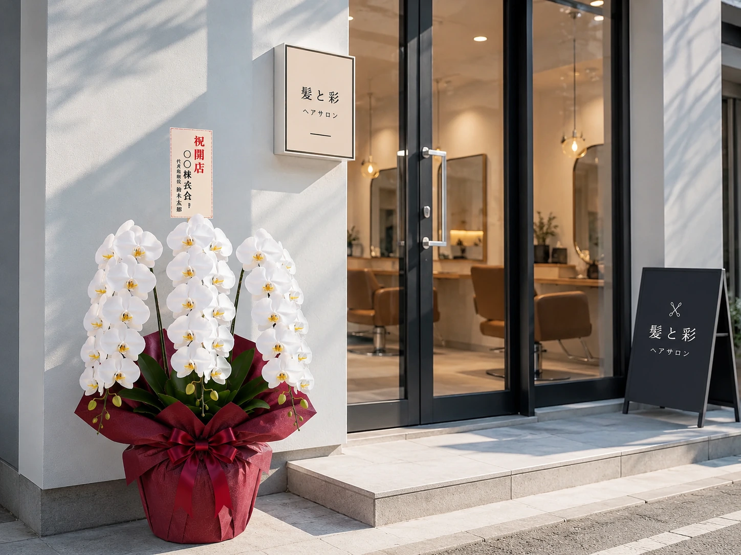 美容室の入口に飾られた開店祝いの白い3本立ち胡蝶蘭