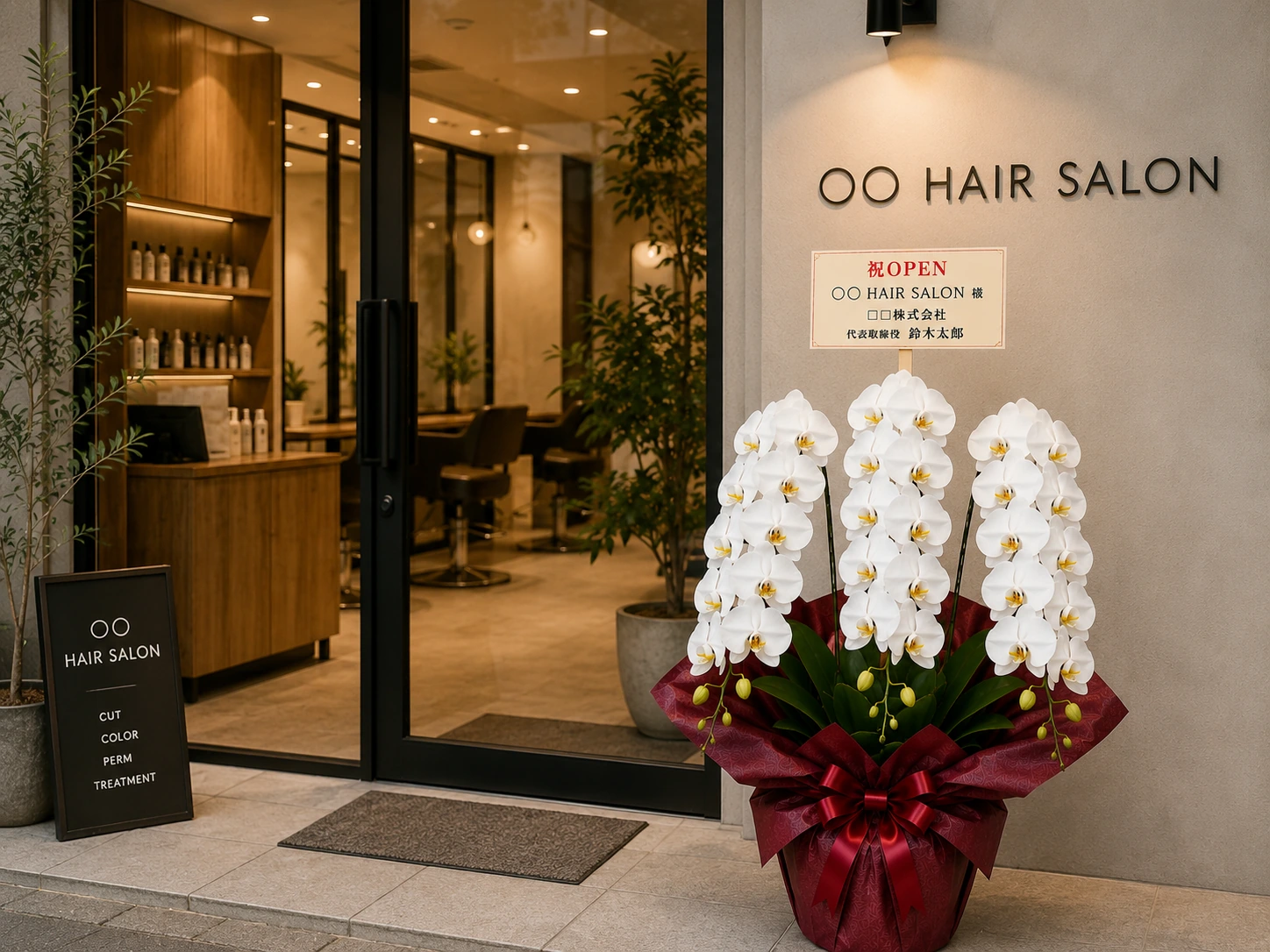 ○○HAIR SALONの入口に飾られた祝OPENの白い3本立ち胡蝶蘭