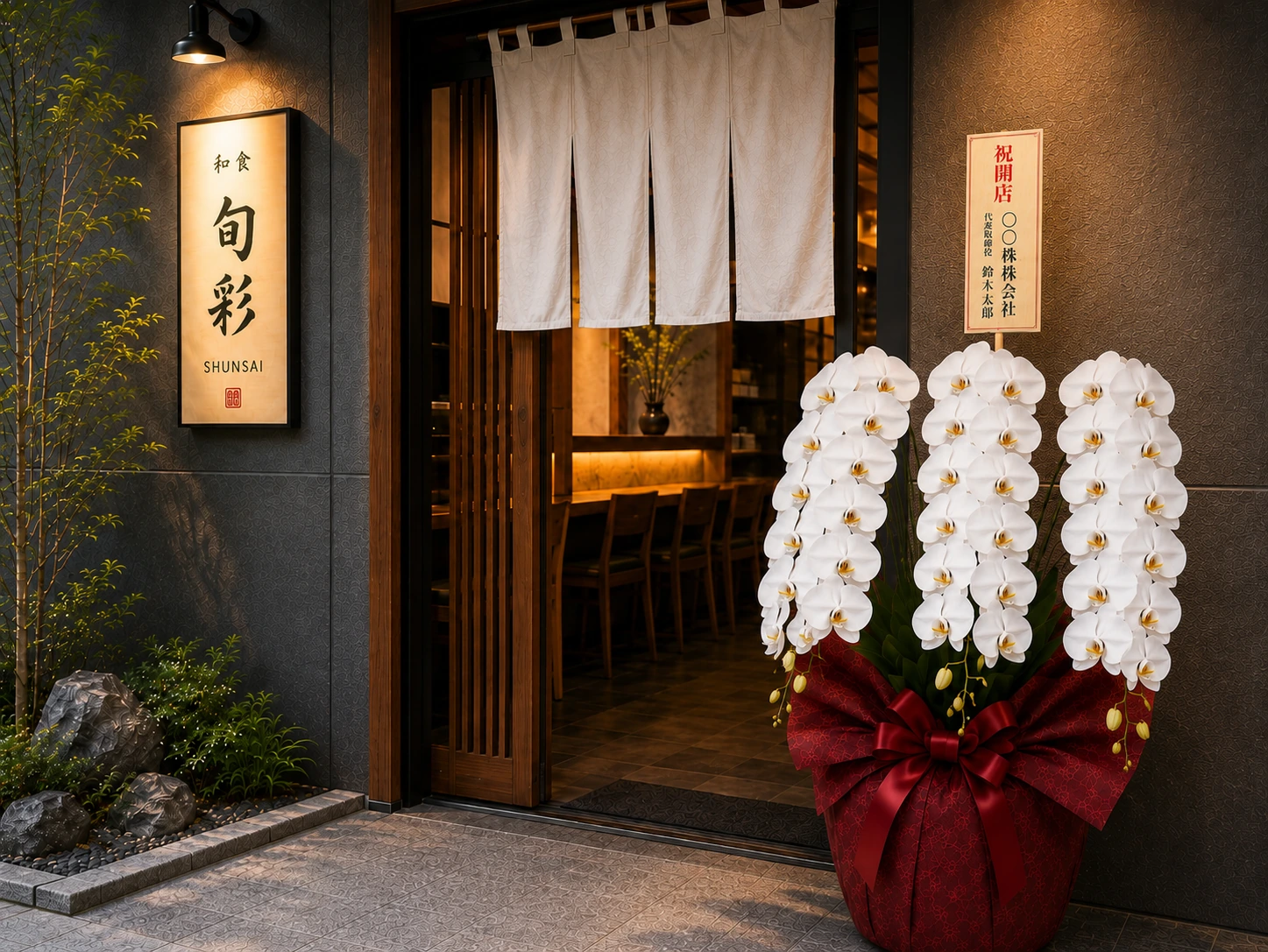 和食店の入口に飾られた開店祝いの白い3本立ち胡蝶蘭