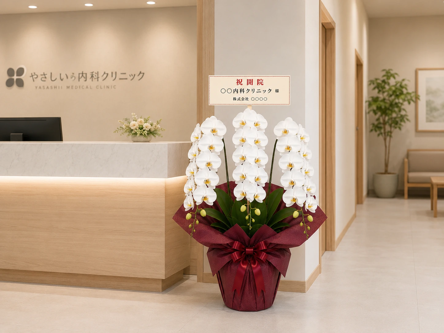 内科クリニックの受付に飾られた開院祝いの白い3本立ち胡蝶蘭