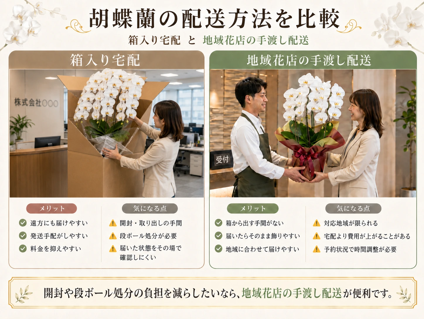 箱入り宅配と地域花店の手渡し配送の違いを比較した図解