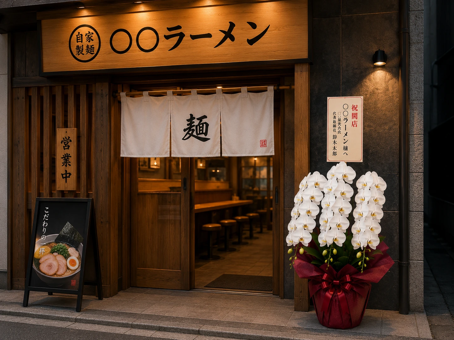 ○○ラーメンの入口に飾られた開店祝いの白い3本立ち胡蝶蘭