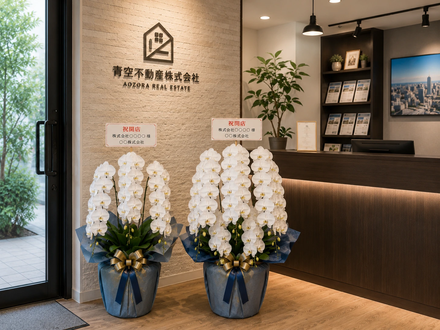 不動産会社受付に並ぶ青系ラッピングの白い3本立ちと5本立ち胡蝶蘭の比較