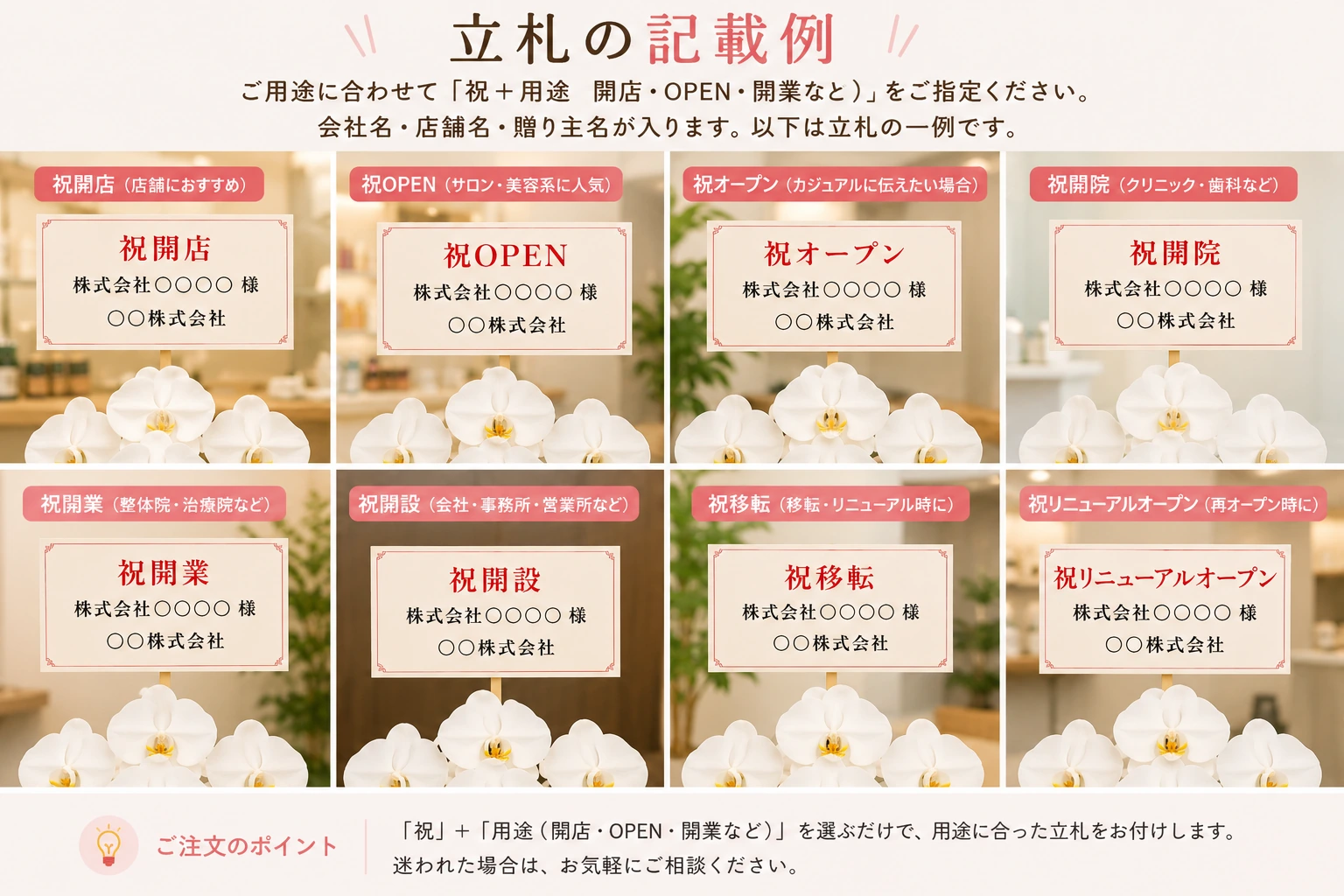 開店祝い立札の記載例を一覧で紹介する画像